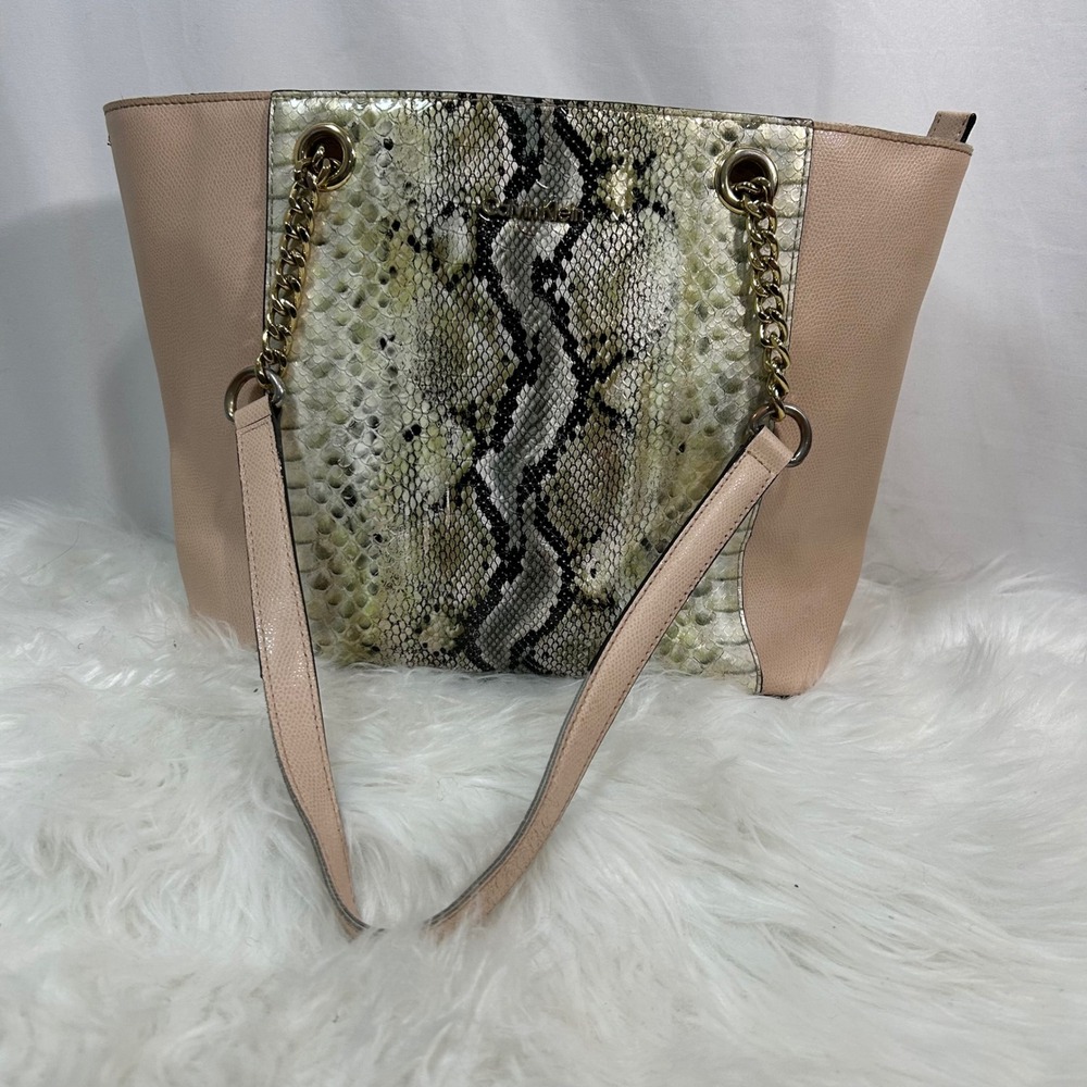 Calvin Klein Snakeskin Accent Tote Bag Beige‎ Gold Chain Shoulder Bag Women
